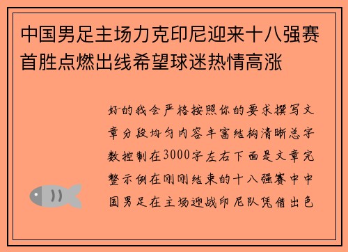中国男足主场力克印尼迎来十八强赛首胜点燃出线希望球迷热情高涨