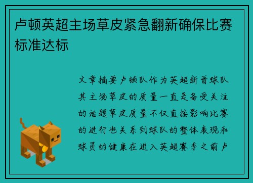 卢顿英超主场草皮紧急翻新确保比赛标准达标