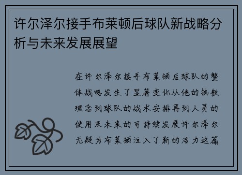 许尔泽尔接手布莱顿后球队新战略分析与未来发展展望 许尔泽尔接手布莱顿后球队新战略分析与未来发展展望