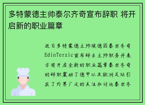 多特蒙德主帅泰尔齐奇宣布辞职 将开启新的职业篇章